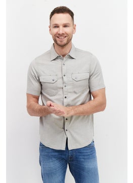 Buy Men Regular Fit Short Sleeve Textured Casual Shirt, Light Grey in Saudi Arabia