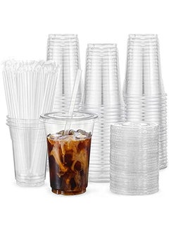 Buy 100 Packs - 12oz Clear Plastic Cups with Lids and Straws, Disposable Cups for Iced Coffee, Smoothies, Milkshakes, Cold Beverages in Saudi Arabia