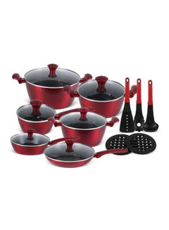 Buy EDENBERG 15-piece Red Hexagon Design Forged Cookware Set| Stove Top Cooking Pot| Cast Iron Deep Pot| Butter Pot| Chamber Pot with Lid| Deep Frypan in UAE