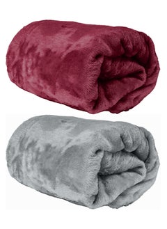 Buy 2-Pc Single Blanket 280 GSM Microfiber Fleece Flannel Bed Blanket Super Plush and Silky Throw Blanket, Size 150 x 200cm, Grey/Maroon in UAE