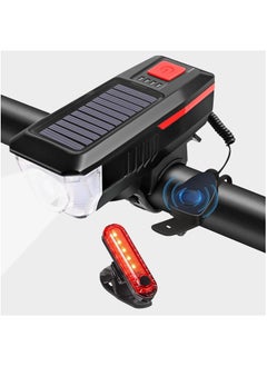 اشتري Rechargeable Solar Bike Lights, Night Ultra Bright Bicycle Lights Headlight and Back Taillight with Electric Bell, Easy to Install Waterproof, Road and Mountain LED Bike Lights (Red) في السعودية