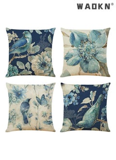 Buy Throw Pillow Covers Set of 4 Navy Blue Cushion Covers 45cm x 45cm with Floral and Birds Linen Square Decorative Throw Pillow Cases for Living Room Sofa Couch Bed Pillowcases 18 x 18 inch in Saudi Arabia