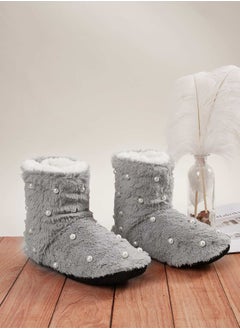 Buy Faux Pearl Decor Fluffy Ankle Boots in UAE