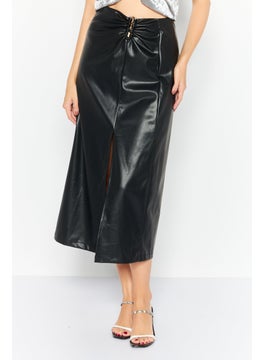 Buy Women Faux Leather Midi Skirt, Black in UAE