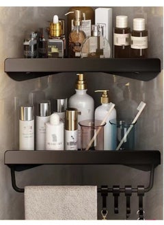 Buy 2-Pieces Bathroom Shelf Shower Shampoo Soap Organizer Wall Mounts Storage Rack With Towel Rack Black 30.5x23x7.8 cm in UAE