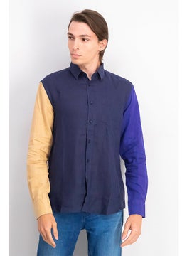 Buy Men Regular Fit Long Sleeve Colorblock Casual Shirt, Blue Marine in Saudi Arabia