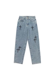 Buy Autumn Mens Denim Jeans Cross Patch Embroidery Loose Straight Blue in Saudi Arabia