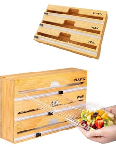 Buy 3 in 1 Wrap Organizer with Cutter and Labels Plastic Wrap Aluminum Foil and Wax Paper Bamboo Dispenser for Kitchen Storage Organization Holder in Saudi Arabia