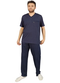 Buy Men Summer Pajama Set Printed Top & Plain Bottom - Navy Blue in Egypt