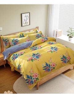 Buy Floral Comforter Set  Yellow Printing Flower Leaves Comforter for Kids Teen Women 4 Piece Soft Cotton Bedding Set- 2 Pillow Cases+ 1 sheets+1Quilt With Core for All Season in Saudi Arabia