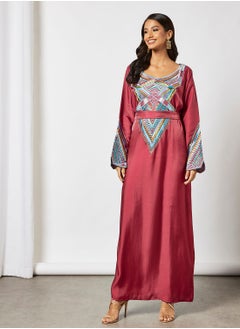 Buy Jalabiya With Colored Abstract Embroidery With Belt in UAE