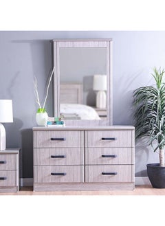 اشتري Raymond Dresser With Mirror And 6 Drawers Durable Vanity Table Dressing Makeup Desk With Storage Bedroom Furnitures L120xW43xH182cm Grey Oak في الامارات