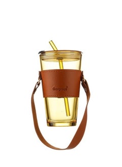 Buy Glass Tumbler 500ml with Glass Straw and Lid Glass Cup with Leather Sleeve Glass Coffee Mugs for Straw and Direct sip Dual Use Summer Travel Essential Bottle in UAE
