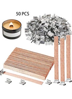 Buy 50pcs Wooden Wicks for Soy Candle Making, 1.25cm*15cm Natural Wooden Wicks / Slow Burning Candle Wicks with Metal Base Clips (50 Sets) in Saudi Arabia