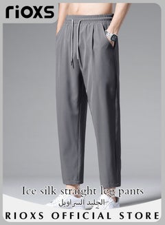 Buy Men's Cool Ice Silk Casual Pants Elastic Waist Drawstring Long Pants Soft and Lightweight Straight Pants With 2 Pockets in Saudi Arabia