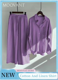 Buy 2-Piece Women's Cotton And Linen Long-sleeved Shirt + Loose Pants Set Ladies Casual Shirt Suit Soft Skin-friednly Long-Sleeve Lapel Shirt Purple in Saudi Arabia