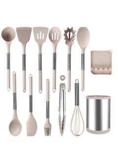 Buy Silicone Cooking Utensil Set,Kitchen Utensils 13pcs Set Non stick Heat Resistan BPA Free Stainless Steel Handle，Stainless Steel Rotating Utensils Holder  Khaki in UAE