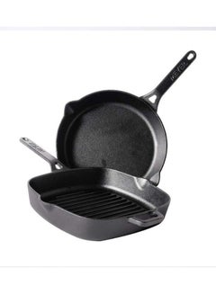 Buy Meyer Pre-Seasoned Cast Iron 2 Piece Cookware Set - 25cm Cast Iron Grill Pan and 26cm Frying Pan | Iron Cookware for Kitchen | Set Combo Offer | Cast Iron Utensils for Cooking, Black in UAE