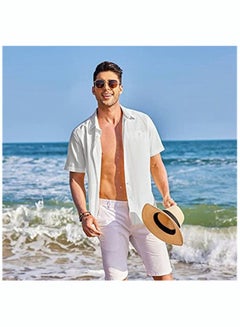 Buy Men's Short Sleeve V-Neck Henley Shirt Loose Linen Button-Up Tops Casual Beach Shirt in Saudi Arabia