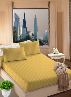 Buy Golden Striped Queen Size Sheet Set Deep Pockets Machine Washable 180x200+20cm in UAE