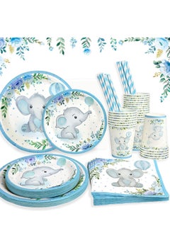 Buy Boy Elephant Baby Shower Plates Set Decorations for 16 Guests,Paper Plate Napkins Cups and Straws Disposable Tableware Blue Floral Theme Birthday Party Supplies in Saudi Arabia