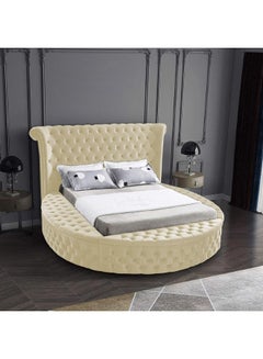 Buy Lotus | Wooden Bed Frame Upholstered in Velvet - Ivory in Saudi Arabia