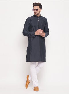 Buy Men's Navy Blue And White Silk Blend Kurta Pyjama Set in UAE