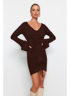 Buy Brown Mini Knitwear V-Neck Dress TWOAW22EL0564 in Egypt