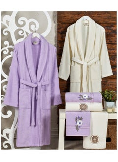 Buy 6-Piece Turkish Velour Cotton Bathrobe Set for Couples with Matching Bath Towels and Hand Towels Lilac/Ivory in UAE