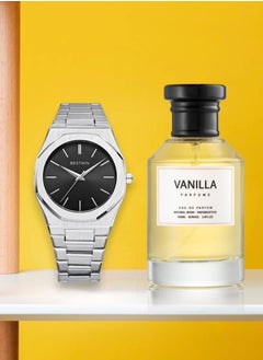 اشتري A luxurious gift set consisting of a men's slim wristwatch inspired by the famous D1 Milano watches, and a unisex vanilla perfume inspired by the high-performance Mancera Rose Vanilla perfume في السعودية