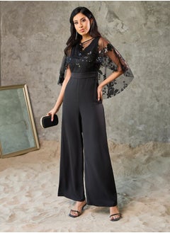 Buy Sequin Detail Cape Style Wide Leg Tailored Jumpsuit in Saudi Arabia