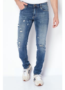 Buy Men Regular Fit Rip Stretchable Denim, Blue in Saudi Arabia