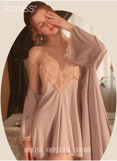 اشتري 2-Piece Set of Women Pajamas with V-Neck Design Women Home Wear Set Same Color Outer Robe and Lace Element Nightgown في الامارات