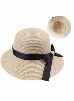 Buy Straw Sun Hat for Women, Girls  Summer Beach Cap Foldable Visor Floppy Wide Brim with Bowknot, Strap Adjustable in Saudi Arabia