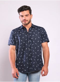 Buy Sky Blue Leaves Allover Navy Blue Short Sleeves Shirt in Egypt