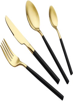 Buy 24 Piece Silverware Set For 6 Gold & Matte Black Handle Heavy duty 18/10 Stainless Steel Flatware Set Modern Design Knife/Fork/Spoon Mirror Polished Dishwasher Safe Cutlery Set with Gifts in Egypt