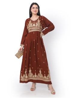 اشتري MODEST THICK EMBRODERED WITH LONG SLEEVES AND BELT LIGHT BROWN HIGH QUALITY STYLISH ARABIC KAFTAN JALABIYA DRESS في السعودية