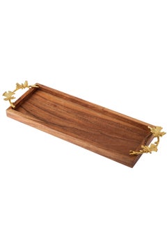 Buy Beech wood serving tray with metal handles, golden butterfly decor in Saudi Arabia