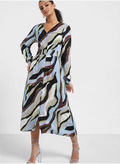 Buy V-Neck Checked Puff Sleeve Dress in UAE