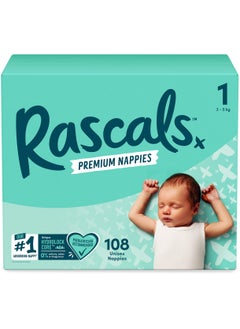 Buy Rascals Premium Baby Diapers Jumbo Box - Size 1, 3-5 kg, 108 Count in UAE