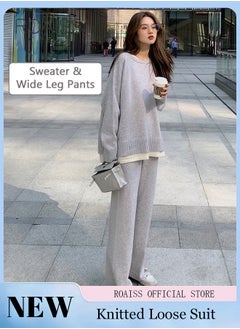 Buy Women's Oversized Loose Suit Knitted Sweater Outfits 2 Piece Casual Set Solid Color Long Sleeve Wide Leg Pants in UAE