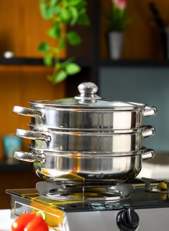 Buy Delcasa 3 Layer Stainless Steel Steamer- DC2958/ 28 cm, 4.0 liter Capacity, 1 Pot, 2 Steamers, 1 Tempered Glass Lid in UAE