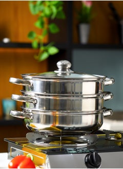 Buy Delcasa 3 Layer Stainless Steel Steamer- DC2958/ 28 cm, 4.0 liter Capacity, 1 Pot, 2 Steamers, 1 Tempered Glass Lid in UAE