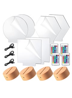 Buy 6 Piece 3D Night LED Light Lamp Base Set with Clear Acrylic Sheets Remote Control USB Cable 16 Colors 4 Modes and 4 Wooden Color Bases for Creative Display in UAE