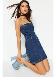 Buy Limited Edition Blue Button Detailed Strapless Mini Denim Dress TWOSS23EL01731 in Egypt