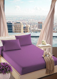 Buy Faded Purple Deep Pocket Queen Size Striped Bed Sheet Set Cotton 180x200+20cm in UAE