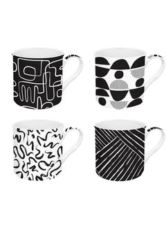 اشتري Graffiti Porcelain China Mug, Black & White - 300 ml, Set of 4 في الامارات