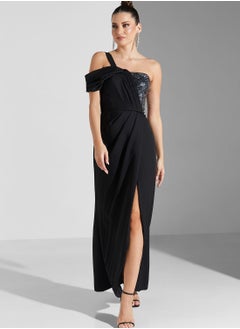 Buy Sabrina Shimmer Bust Off Shoulder Slit Dress in UAE