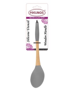 Buy Silicone Spoon With Rubber Wood Handle Grey Color 32cm in UAE