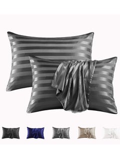 Buy 2-Piece Stripe Silk Satin Pillow Case with Envelope Closure for Hair and Skin Grey 51x76/51x102cm in UAE